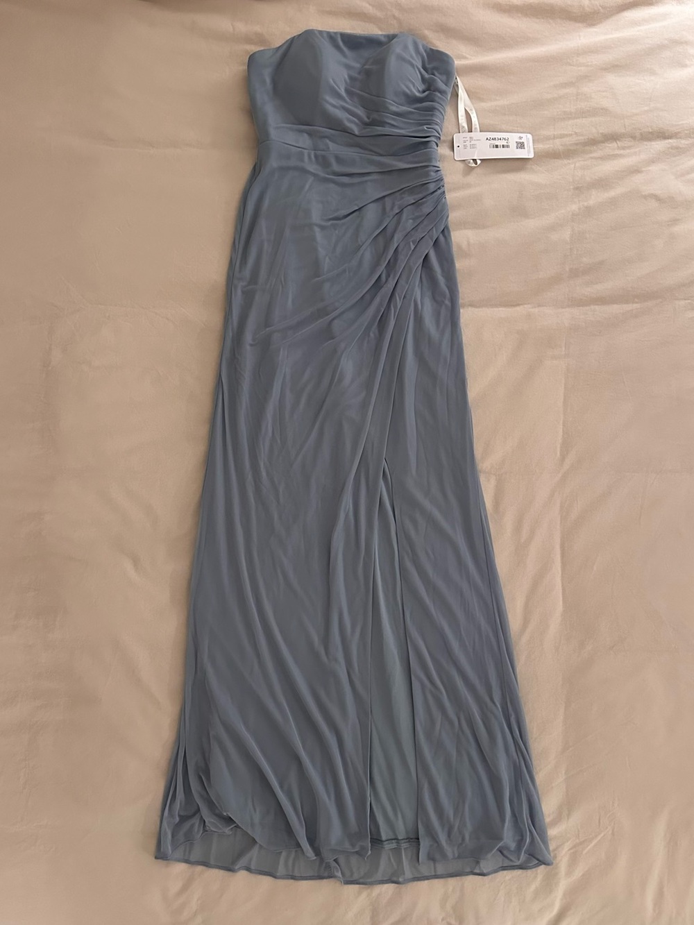 Azazie Adora Sheath Strapless Dusty Blue Mesh Dress
